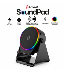 SoundPad Bluetooth Hoparlör - İndüksiyon Temas Özellikli - Telefon Standlı - Type-C Şarj - RGB Ambiyans Aydınlatma