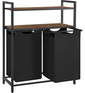 çamaşır sepeti, çamaşır kutusu, 2 bölme, 2 raf, metal çerçeve, 2 x 46 litre, 73 x 33 x 91 cm, vintage kahverengi-siyah BLH211B01