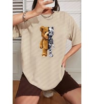 Unisex Boys Bear Baskılı T-shirt (Bej)