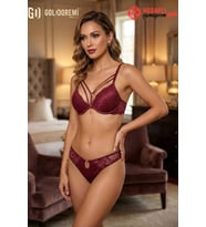 Le Jardin Premium Kadın Silikonlu Taşlı Simli Destekli Push-up Kutulu Sütyen ve Külot Takım