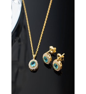 925 Ayar Gümüş Aralık Ayı Doğum Taşı ( Blue Topaz ) Kolye - Küpe Seti