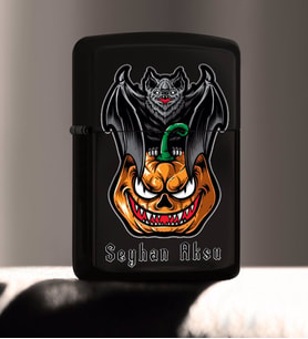 BK Gift Kişiye Özel Happy Halloween Tasarımlı Renkli Baskılı Siyah Benzinli Metal Çakmak-6
