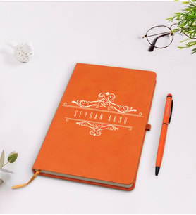 BK Gift Kişiye Özel İsimli Turuncu Termo Deri Defter Kalem Seti Model 8