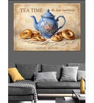 Tea Time Mavi Demlikli Retro Tablo Dekoratif Kanvas - Mdf Ahşap Tablo