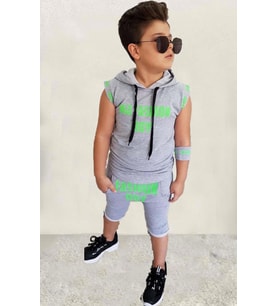Erkek Çocuk Fashıon Boy Yazı Baskılı Kapişonlu Kolsuz Sweatshirt Gri Şortlu Takı