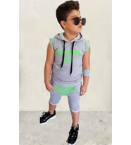 Erkek Çocuk Fashıon Boy Yazı Baskılı Kapişonlu Kolsuz Sweatshirt Gri Şortlu Takı