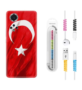 Huawei Nova Y70 Y90 Nova 9 SE  Kılıf Kablo Koruma Spiral Silikon Şanlı Türk Bayrağı 4 1401