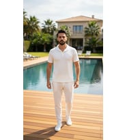 Erkek Trend Yazlık Rahat Kalıp Bürümcük Kumaş Kısa Kollu Tshirt ve Pantolon Takım (Düz Beyaz)