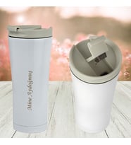 Kişiye Özel İsim Yazılı Kaydırmaz Tabanlı İç Dış Metal Termos Mug (Beyaz)