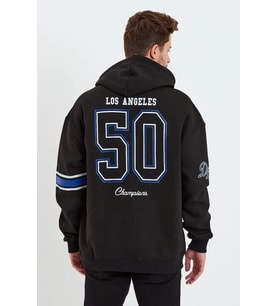 Erkek Baskılı Kapşonlu Üç Iplik Oversize Sweatshirt - Siyah