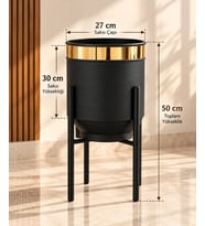 Siyah Gold Detaylı Metal Ayaklı Dekoratif Saksı, Modern ve Lüks Tasarım Çiçeklik 50x30x27 kd01