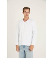 Erkek V. Yaka Uzun Kollu T-Shirt Şık Tasarım (Beyaz)