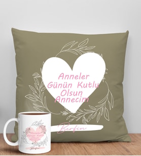 BK Gift Kişiye Özel İsimli Anneler Günü Tasarımlı Haki Kırlent Yastık ve Kupa Seti, Anneye Hediye, Ev Dekorasyonu, Anneler Günü Hediyesi-2