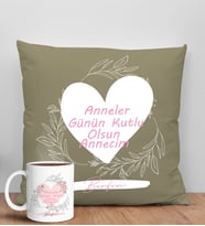 BK Gift Kişiye Özel İsimli Anneler Günü Tasarımlı Haki Kırlent Yastık ve Kupa Seti, Anneye Hediye, Ev Dekorasyonu, Anneler Günü Hediyesi-2