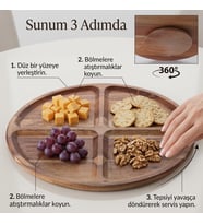 4 Bölmeli 360° Dönerli Akasya Ahşap Sunum Tabağı, 30 cm Çap, 2,2 cm Kalınlık, Yuvarlak Servis Tepsisi, Peynir, Kuruyemiş ve Atıştırmalık İçin, 1 Adet