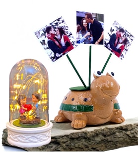 Kişiye Özel Hediye Seti 3 Fotoğraflı Sevimli Kaplumbağa ve Led Işıklı Fanus (Model 8)