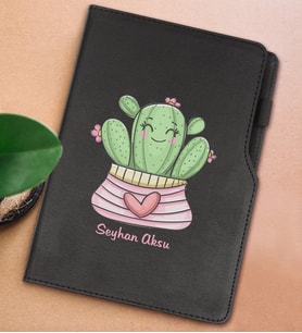 BK Gift Kişiye Özel Kaktüs Tasarımlı Siyah Termo Deri Not Defteri 15x21cm-2