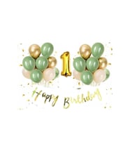 1 Yaş Gold Happy Bırthday Kaligrafi Banner Krom Gold Küf Yeşili Deniz Kumu Balon Set