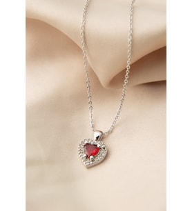 Elika Silver Kadın Kalp Model Kırmızı Taşlı Kolye (STD)