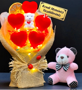 Kişiye Özel Tasarım Led Işıklı Buket ve Peluş Ayıcık Anahtarlık (Model 2)