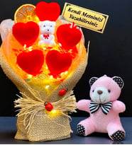 Kişiye Özel Tasarım Led Işıklı Buket ve Peluş Ayıcık Anahtarlık (Model 2)