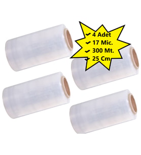 Palet Dilimli Streç 25 CM 17 Mic.  1000Gr / 300mt. Şeffaf 4 Adet
