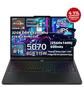 Lenovo Legion Pro 5 16ADR10 Amd Ryzen 9 8940HX 32GB 2tb SSD Rtx 5070 8gb 16" Wqxga (2560X1600) IPS Panel 240Hz 115W Windows 11 Pro Taşınabilir Bilgisayar 83LT0046TR