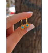 Gümüş mavi taşlı çiçek model çocuk küpe (Sarı)