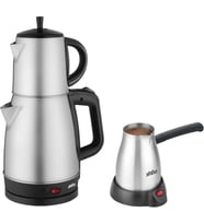 STM-5845 ve SCM-2967 Çelik Set – 360° Dönebilen Kablosuz Çay Makinesi ve Türk Kahvesi Cezvesi, Dayanıklı Paslanmaz Çelik