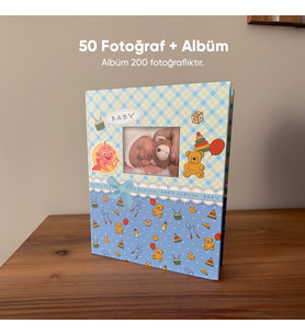 200 Fotoğraf Kapasiteli Bebek Albümü + 50 Fotoğraf Baskısı (Mavi-Soluk Mavı)
