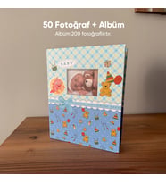 200 Fotoğraf Kapasiteli Bebek Albümü + 50 Fotoğraf Baskısı (Mavi-Soluk Mavı)