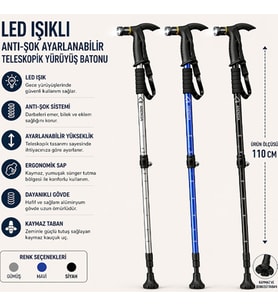Led Işıklı Anti-Şok Ayarlanabilir Teleskopik Yürüyüş Batonu 110 Cm Ergonomik Tutma Saplı