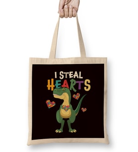 Autistic Dino Steal Hearts Autism Awareness T-Rex Support Bez Çanta Uzun Saplı