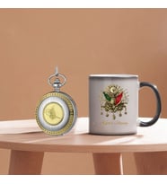 Kişiye Özel Osmanlı Tuğra tasarımlı Kupa Bardak ve Retro Köstekli Cep Saati Hediye Seti