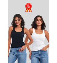 Kadın Siyah-Beyaz Fitilli Görünümlü Askılı Kalın 2'li Basic Atlet Bluz (Siyah & Beyaz)