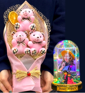 Size Özel Renkli Led Işıklı Fanus ve Büyük Boy Pembe Ayıcık Buketi Hediye Seti (Model 7)