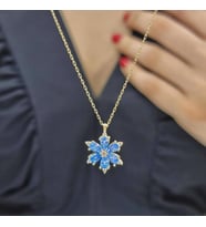 Gümüş Mavi Damla Taşlı Çiçek Tasarımlı Gold 925 Ayar Gümüş Kolye (Karışık)