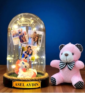 Sizlere Özel Led Işıklı Biblolu Fanus ve Pembe Peluş Ayıcıklı Anahtarlık (Model 5)