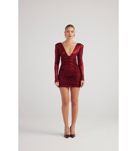 Parlak Kumaşlı Drapeli Mini Karly Elbise Bordo