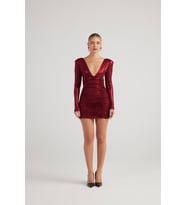 Parlak Kumaşlı Drapeli Mini Karly Elbise Bordo