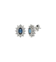 Safir Taşlı Rodyum Oval Anturaj Minimal Çivili Gümüş Küpe