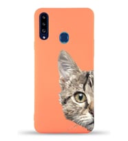 Samsung Galaxy A20s Uyumlu Lansman Kılıf Catface Tasarımlı İçi Kadife Kapak-Turuncu (Şeffaf)