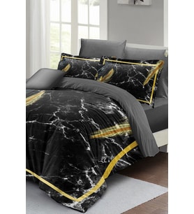 Lastikli Çarşaflı %100 Pamuk Saten Çift Kişilik Nevresim Takımı Dark Marble