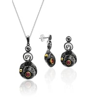 Otantik Gümüş Set El İşi Oksitli Yakut Taşlı İkili Set 925 Ayar ST136