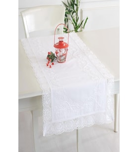 Buldan Keteni Dantelli İplik İşlemeli 50x130 cm Runner (Beyaz)