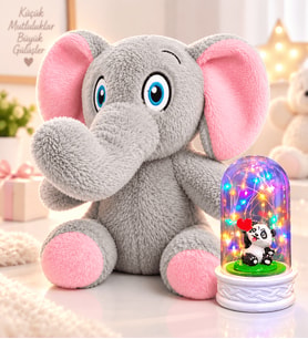 Renkli LED Işıklı Pandalı Fanus ve 22 cm Peluş Fil Hediye Seti