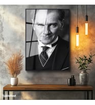Siyah Renk Metal Çerçeveli Tamperli Cam Tablo Atatürk Çizgili Kravat Klasik Giyim Atatürk Tablosu Duvar Dekoru