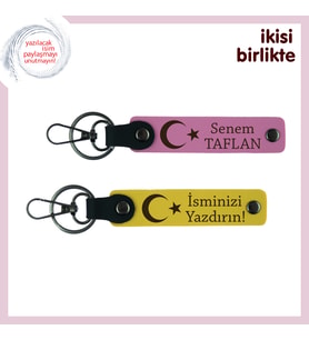Aşkınla Bütünleşen Milli Hediye – Ay Yıldız Temalı Deri Anahtarlık Takımı x2 Set, Pembe-Sarı