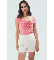Rahat Fitted Bluz %96 Polyester %4 Elastan Carmen Yaka Zarifane Tasarım (Pembe)