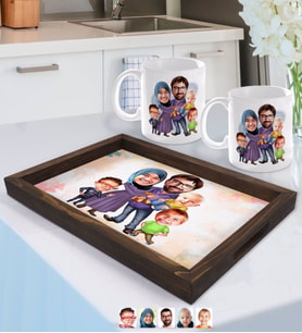 BK Gift Kişiye Özel Aile Karikatürlü Doğal Ahşap Tepsi ve 2’li Kupa Bardak Seti-8